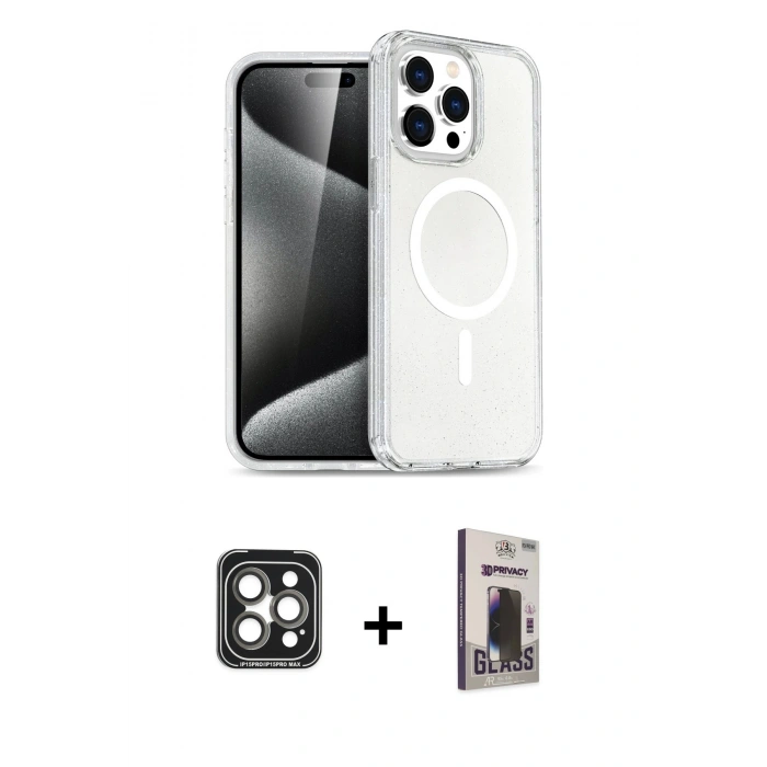 MARSİLYAN™- iPhone 15 Pro Max Kılıf Nova Asil Prime - Siyah Bilvis Hayalet Cam Ekran Koruyucu + PVD Metal Kamera Lens - GI