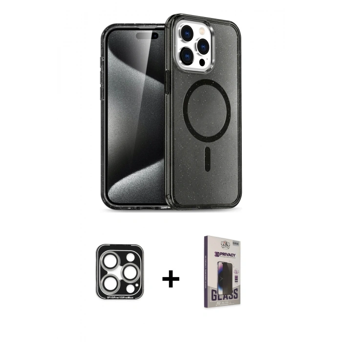 MARSİLYAN™- iPhone 15 Pro Max Kılıf Nova Asil Prime - Siyah Bilvis Hayalet Cam Ekran Koruyucu + Gümüş PVD Metal Kamera Lens