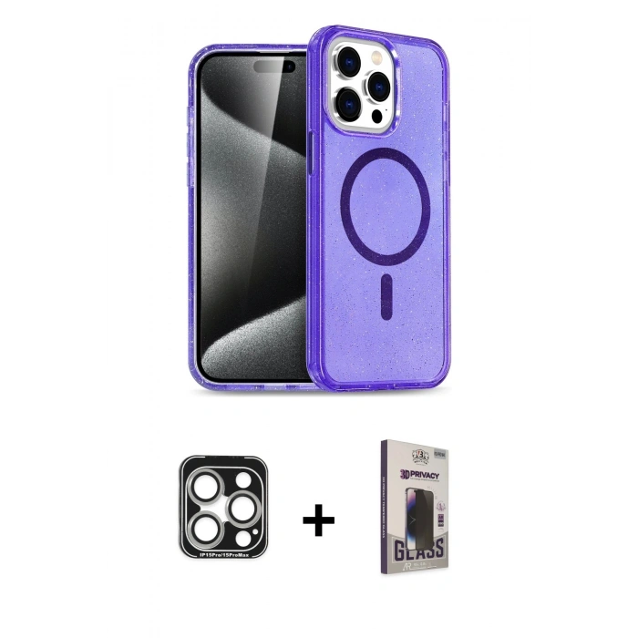 MARSİLYAN™- iPhone 15 Pro Max Kılıf Nova Asil Prime - Siyah Bilvis Hayalet Cam Ekran Koruyucu + Gümüş PVD Metal Kamera Lens