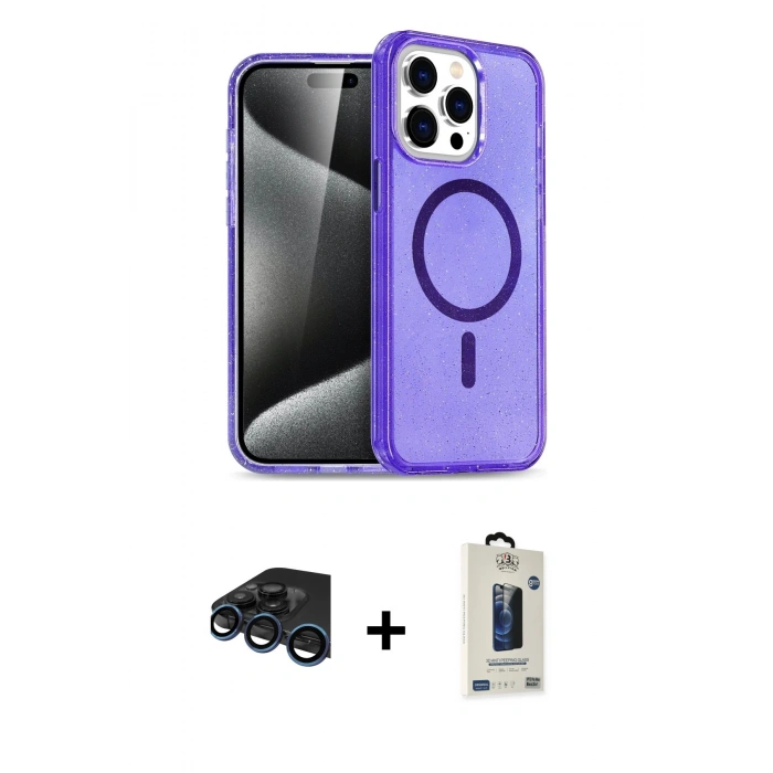 MARSİLYAN™- iPhone 15 Pro Max Kılıf Nova Asil Prime - Siyah Bilvis Hayalet Cam Ekran Koruyucu + Raze Metal Kamera Lens - LT