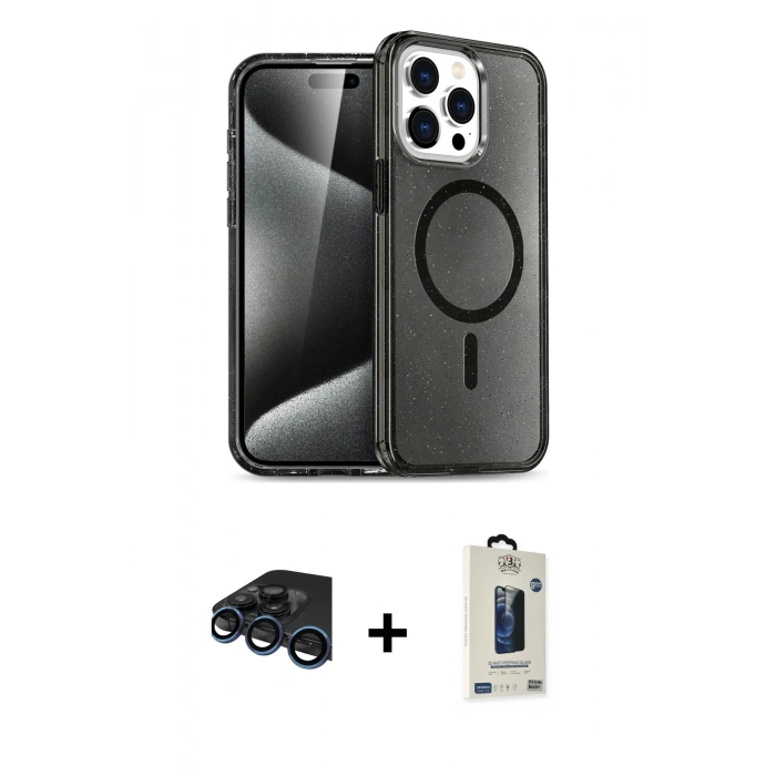 MARSİLYAN™- iPhone 15 Pro Max Kılıf Nova Asil Prime - Siyah Bilvis Hayalet Cam Ekran Koruyucu + Raze Metal Kamera Lens - LT