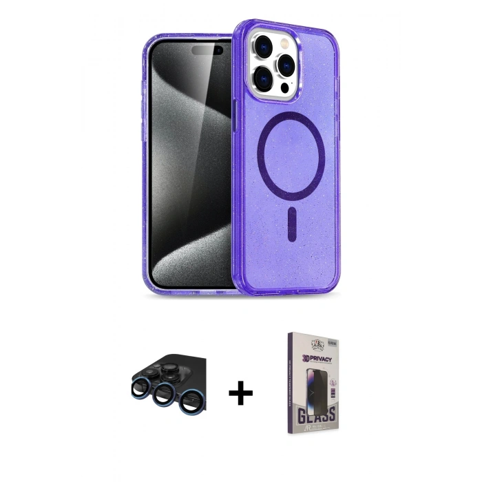 MARSİLYAN™- iPhone 15 Pro Max Kılıf Nova Asil Prime - Siyah Bilvis Hayalet Cam Ekran Koruyucu + Raze Metal Kamera Lens - LT