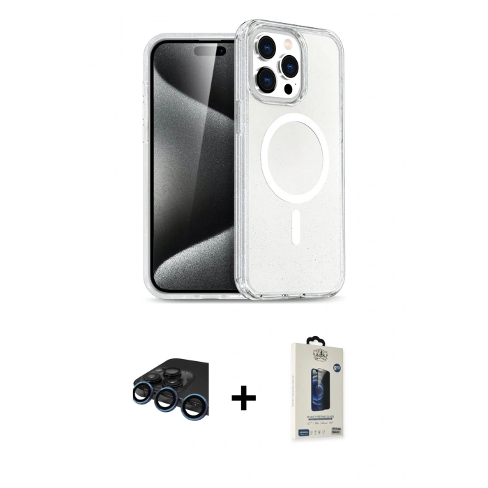 MARSİLYAN™- iPhone 15 Pro Max Kılıf Nova Asil Prime - Siyah Bilvis Hayalet Cam Ekran Koruyucu + Raze Metal Kamera Lens - LT