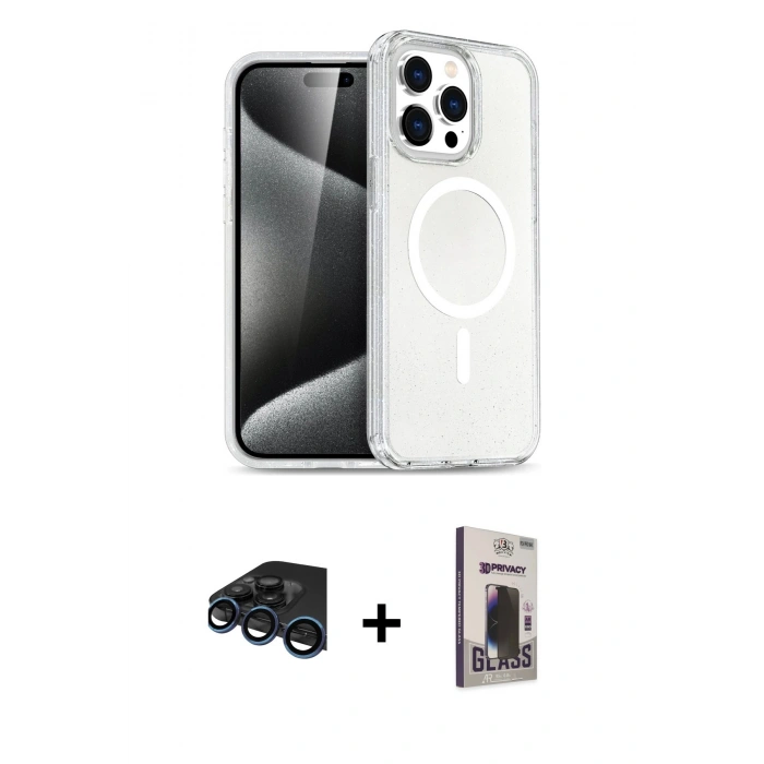 MARSİLYAN™- iPhone 15 Pro Max Kılıf Nova Asil Prime - Siyah Bilvis Hayalet Cam Ekran Koruyucu + Raze Metal Kamera Lens - LT