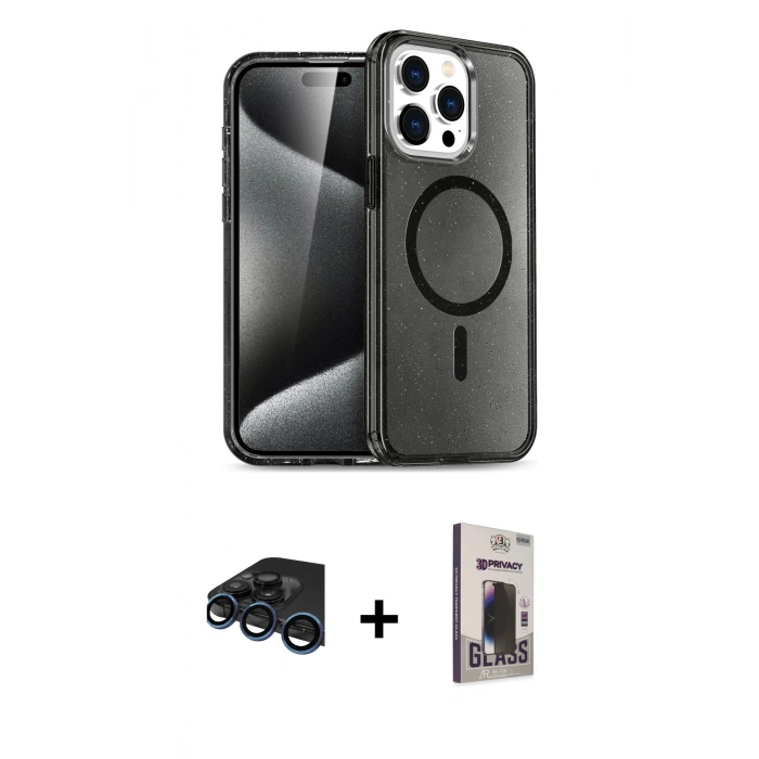 MARSİLYAN™- iPhone 15 Pro Max Kılıf Nova Asil Prime - Siyah Bilvis Hayalet Cam Ekran Koruyucu + Raze Metal Kamera Lens - LT