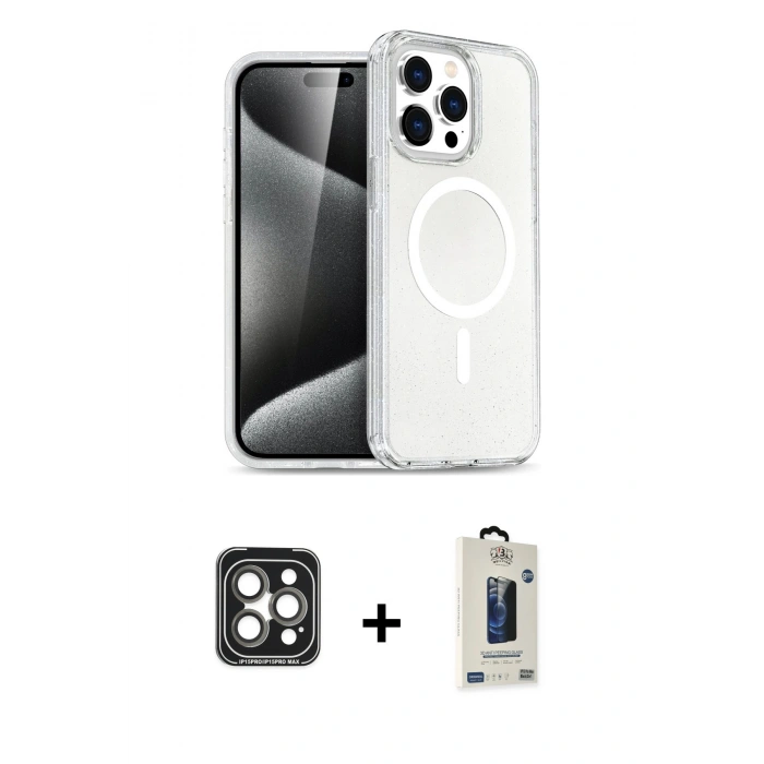 MARSİLYAN™- iPhone 15 Pro Max Kılıf Nova Asil Prime - Siyah Bilvis Hayalet Cam Ekran Koruyucu + PVD Metal Kamera Lens - GI