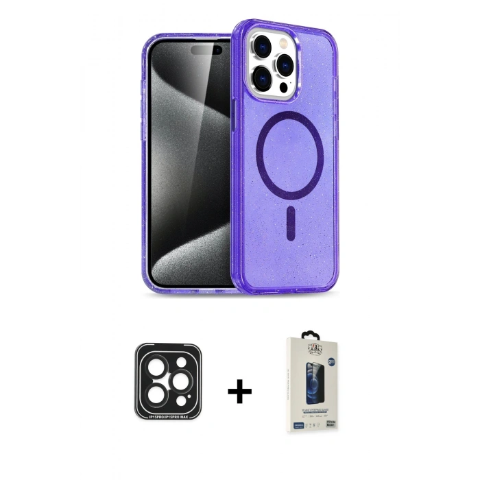 MARSİLYAN™- iPhone 15 Pro Max Kılıf Nova Asil Prime - Siyah Bilvis Hayalet Cam Ekran Koruyucu + PVD Metal Kamera Lens - SH