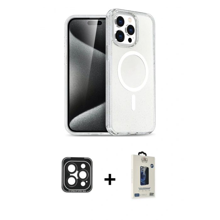 MARSİLYAN™- iPhone 15 Pro Max Kılıf Nova Asil Prime - Siyah Bilvis Hayalet Cam Ekran Koruyucu + PVD Metal Kamera Lens - SH