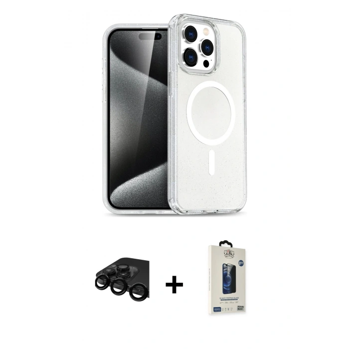 MARSİLYAN™- iPhone 15 Pro Max Kılıf Nova Asil Prime - Siyah Bilvis Hayalet Cam Ekran Koruyucu + Raze Metal Kamera Lens - SH