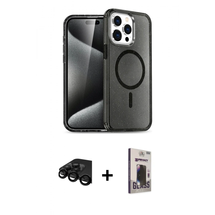 MARSİLYAN™- iPhone 15 Pro Max Kılıf Nova Asil Prime - Siyah Bilvis Hayalet Cam Ekran Koruyucu + Raze Metal Kamera Lens - SH
