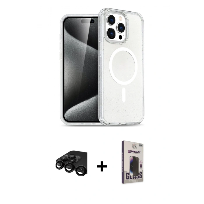 MARSİLYAN™- iPhone 15 Pro Max Kılıf Nova Asil Prime - Siyah Bilvis Hayalet Cam Ekran Koruyucu + Raze Metal Kamera Lens - SH