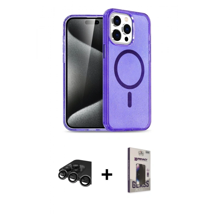 MARSİLYAN™- iPhone 15 Pro Max Kılıf Nova Asil Prime - Siyah Bilvis Hayalet Cam Ekran Koruyucu + Titanyum Gri Raze Metal Kamera Lens