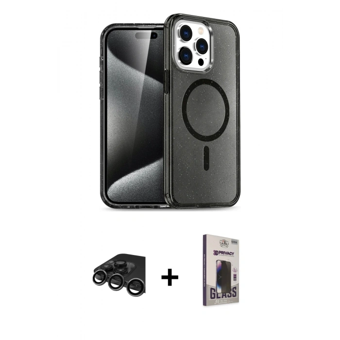 MARSİLYAN™- iPhone 15 Pro Max Kılıf Nova Asil Prime - Siyah Bilvis Hayalet Cam Ekran Koruyucu + Titanyum Gri Raze Metal Kamera Lens