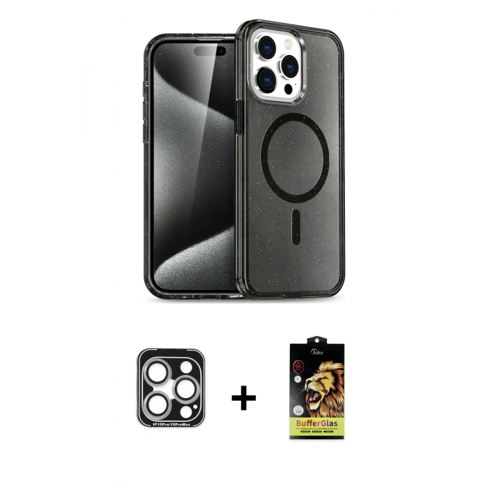 MARSİLYAN™- iPhone 15 Pro Max Kılıf Nova Asil Prime - Siyah Buffer Cam Ekran Koruyucu + PVD Metal Kamera Lens - GS