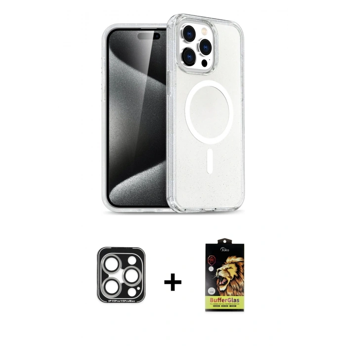 MARSİLYAN™- iPhone 15 Pro Max Kılıf Nova Asil Prime - Siyah Buffer Cam Ekran Koruyucu + PVD Metal Kamera Lens - GS