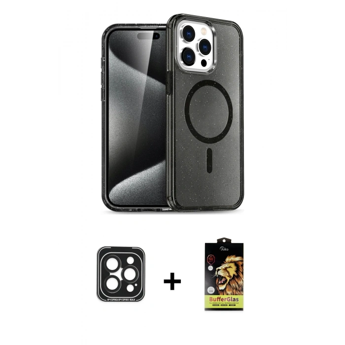 MARSİLYAN™- iPhone 15 Pro Max Kılıf Nova Asil Prime - Siyah Buffer Cam Ekran Koruyucu + PVD Metal Kamera Lens - SH