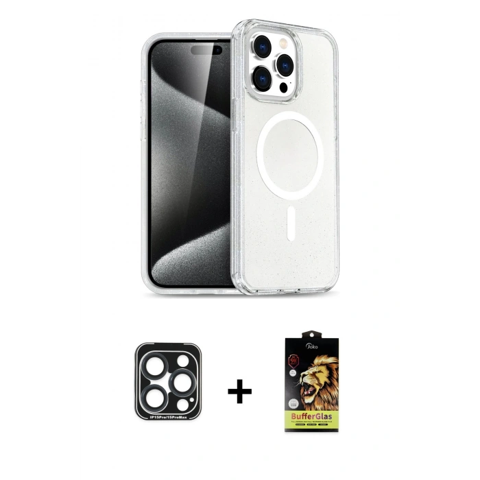 MARSİLYAN™- iPhone 15 Pro Max Kılıf Nova Asil Prime - Siyah Buffer Cam Ekran Koruyucu + PVD Metal Kamera Lens - LT