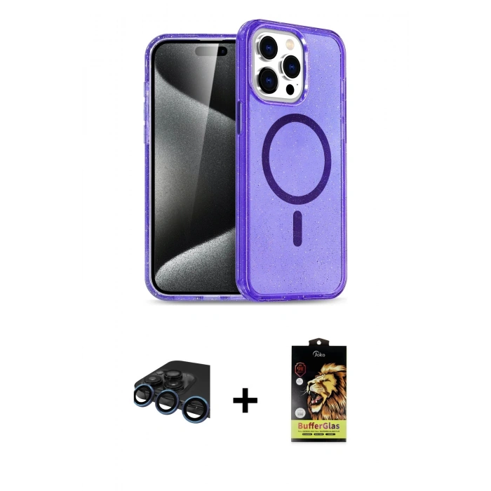 MARSİLYAN™- iPhone 15 Pro Max Kılıf Nova Asil Prime - Siyah Buffer Cam Ekran Koruyucu + Raze Metal Kamera Lens - LT