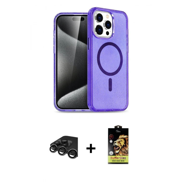 MARSİLYAN™- iPhone 15 Pro Max Kılıf Nova Asil Prime - Siyah Buffer Cam Ekran Koruyucu + Raze Metal Kamera Lens - TMGI