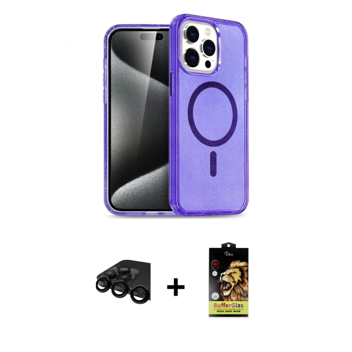 MARSİLYAN™- iPhone 15 Pro Max Kılıf Nova Asil Prime - Siyah Buffer Cam Ekran Koruyucu + Raze Metal Kamera Lens - SH