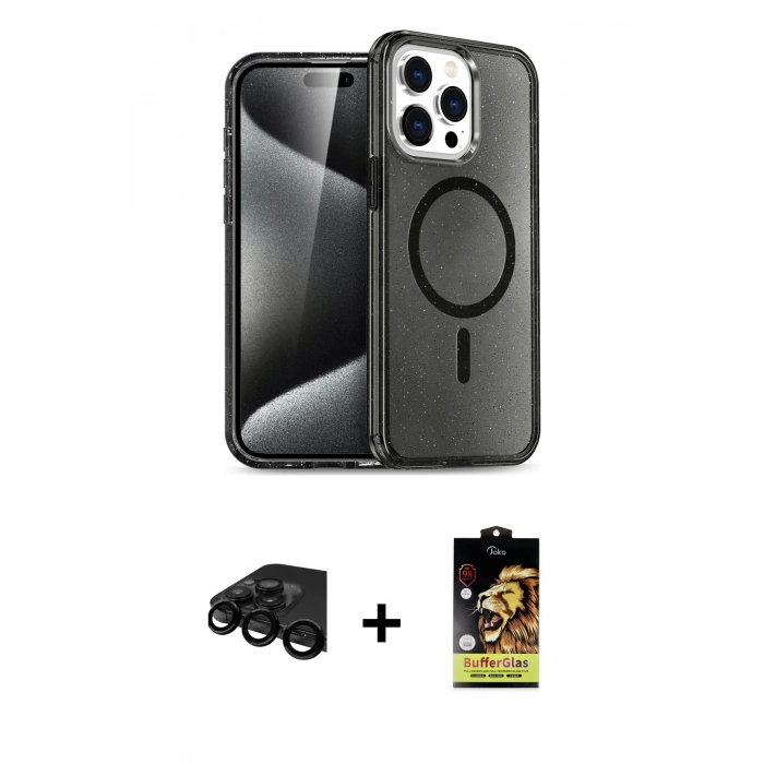 MARSİLYAN™- iPhone 15 Pro Max Kılıf Nova Asil Prime - Siyah Buffer Cam Ekran Koruyucu + Raze Metal Kamera Lens - SH