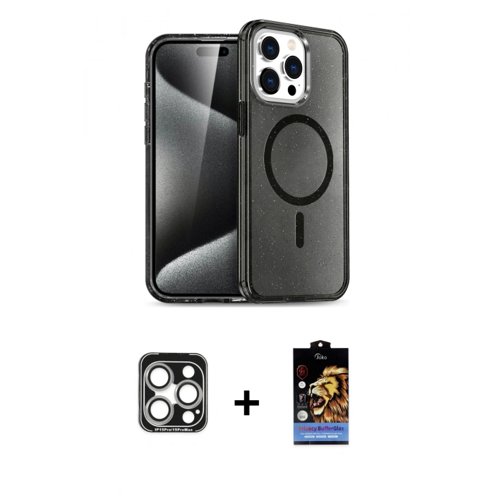 MARSİLYAN™- iPhone 15 Pro Max Kılıf Nova Asil Prime - Siyah Buffer Hayalet Cam Ekran Koruyucu + PVD Metal Kamera Lens - GS