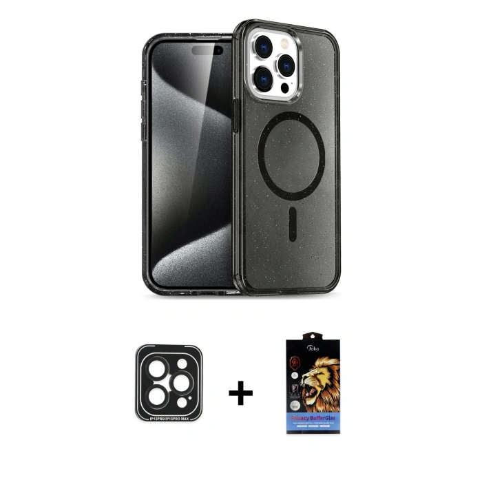 MARSİLYAN™- iPhone 15 Pro Max Kılıf Nova Asil Prime - Siyah Buffer Hayalet Cam Ekran Koruyucu + PVD Metal Kamera Lens - SH