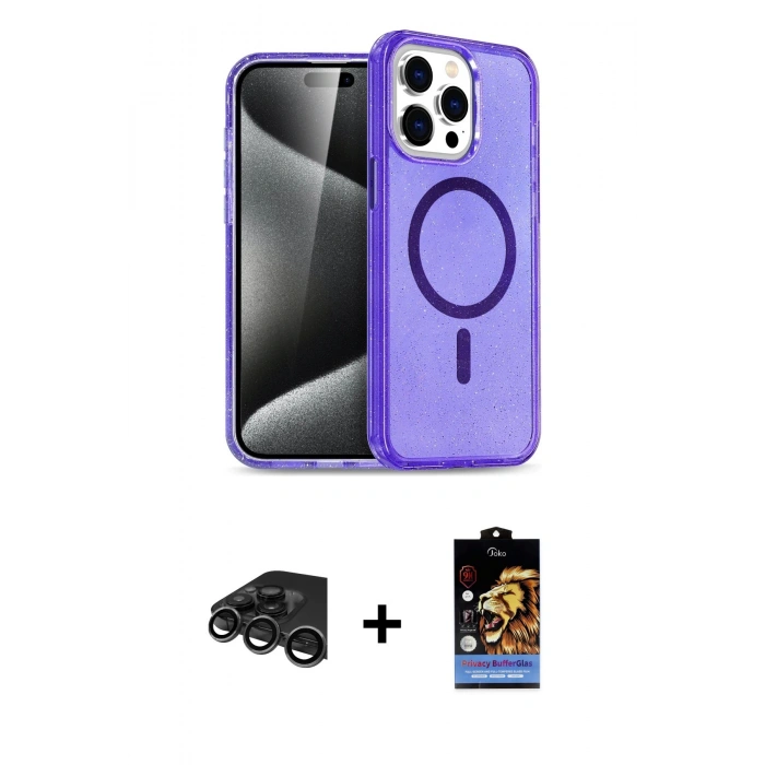 MARSİLYAN™- iPhone 15 Pro Max Kılıf Nova Asil Prime - Siyah Buffer Hayalet Cam Ekran Koruyucu + Raze Metal Kamera Lens - TMGI