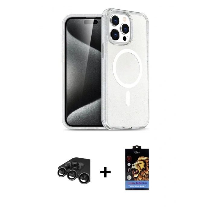 MARSİLYAN™- iPhone 15 Pro Max Kılıf Nova Asil Prime - Siyah Buffer Hayalet Cam Ekran Koruyucu + Raze Metal Kamera Lens - TMGI