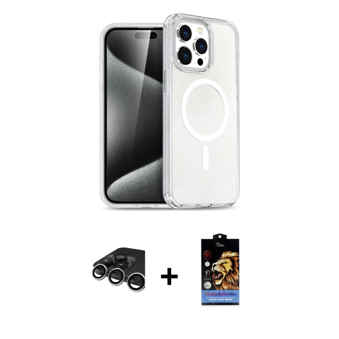 MARSİLYAN™- iPhone 15 Pro Max Kılıf Nova Asil Prime - Siyah Buffer Hayalet Cam Ekran Koruyucu + Raze Metal Kamera Lens - GS