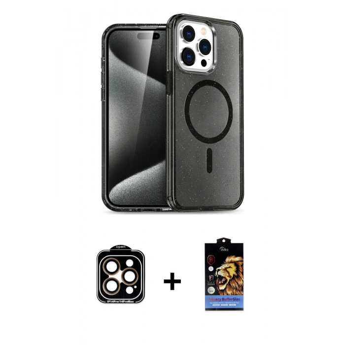 MARSİLYAN™- iPhone 15 Pro Max Kılıf Nova Asil Prime - Siyah Buffer Hayalet Cam Ekran Koruyucu + PVD Metal Kamera Lens - TU
