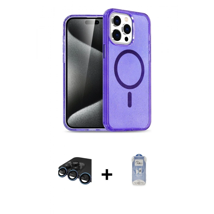 MARSİLYAN™- iPhone 15 Pro Max Kılıf Nova Asil Prime - Siyah Joko Magic 5D Cam + Lacivert Raze Metal Kamera Lens