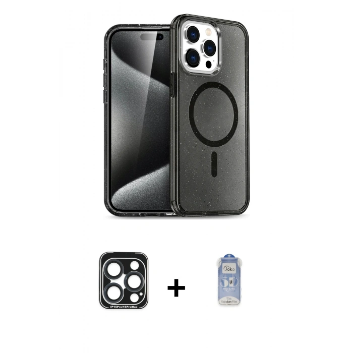 MARSİLYAN™- iPhone 15 Pro Max Kılıf Nova Asil Prime - Siyah Joko Magic 5D Cam + PVD Metal Kamera Lens - LT