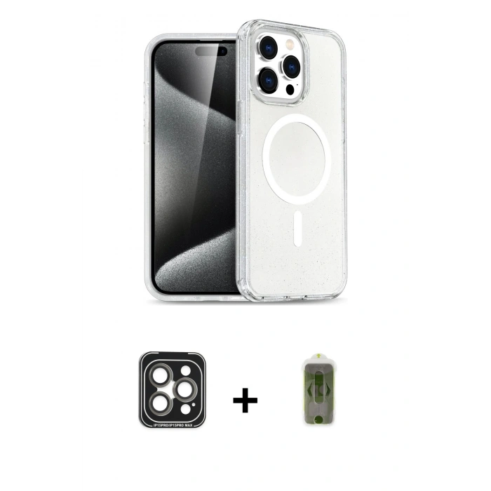 MARSİLYAN™- iPhone 15 Pro Max Kılıf Nova Asil Prime - Siyah Joko Magic 5D Hayalet Cam + Gri PVD Metal Kamera Lens