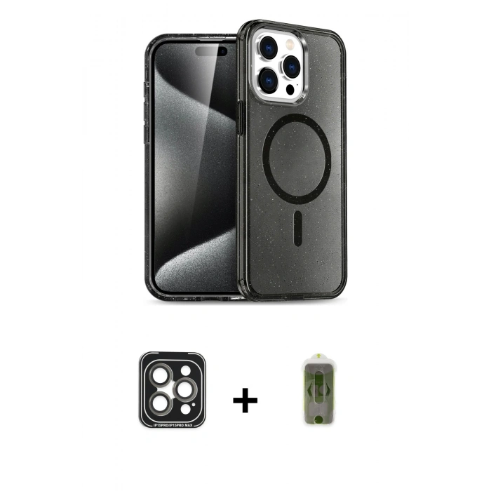 MARSİLYAN™- iPhone 15 Pro Max Kılıf Nova Asil Prime - Siyah Joko Magic 5D Hayalet Cam + Gri PVD Metal Kamera Lens