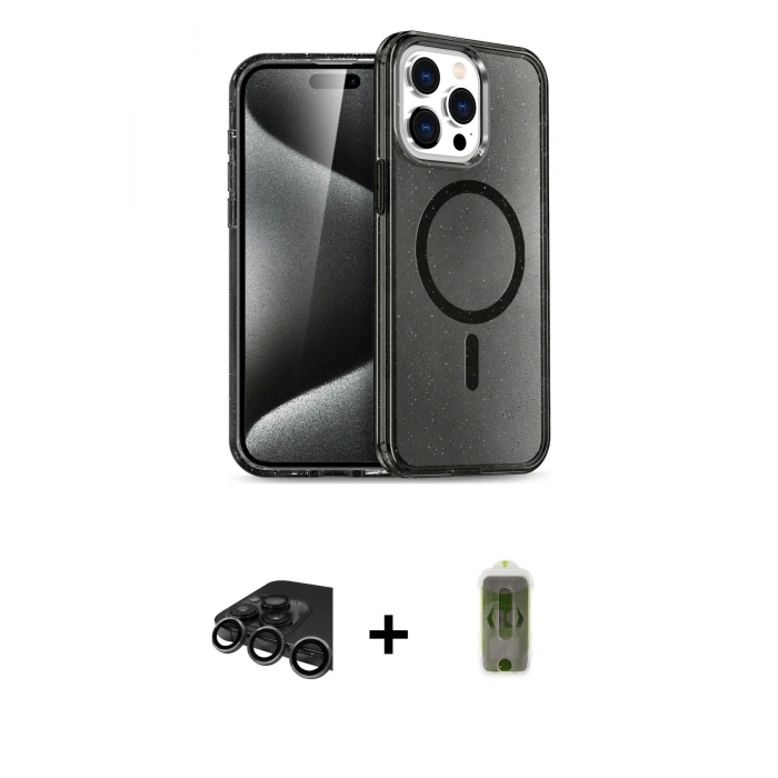 MARSİLYAN™- iPhone 15 Pro Max Kılıf Nova Asil Prime - Siyah Joko Magic 5D Hayalet Cam + Raze Metal Kamera Lens - TMGI