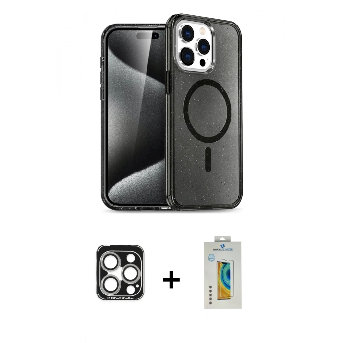 MARSİLYAN™- iPhone 15 Pro Max Kılıf Nova Asil Prime - Siyah Polymer Nano Ekran Koruyucu + PVD Metal Kamera Lens - GS