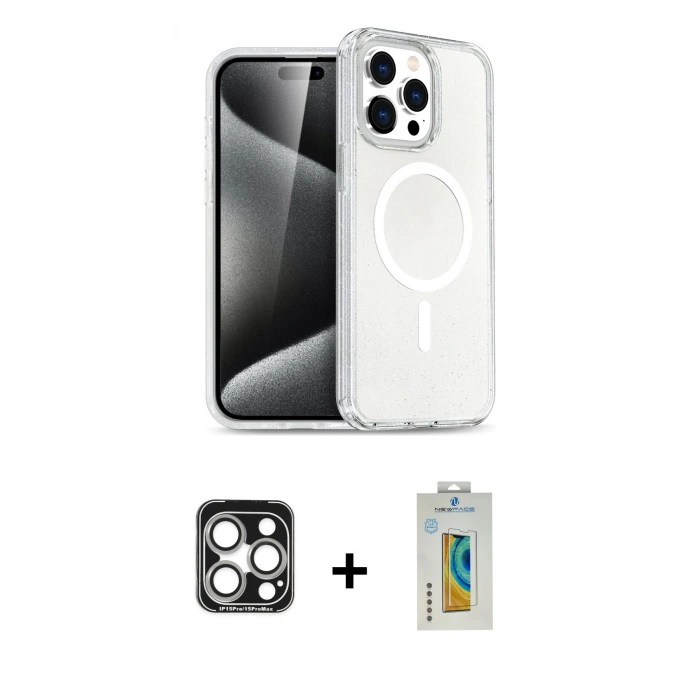 MARSİLYAN™- iPhone 15 Pro Max Kılıf Nova Asil Prime - Siyah Polymer Nano Ekran Koruyucu + PVD Metal Kamera Lens - GS