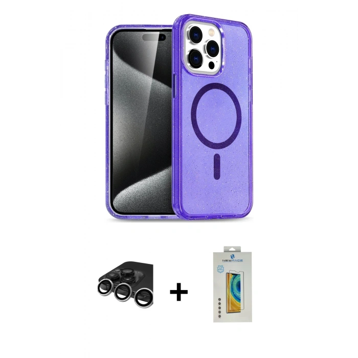MARSİLYAN™- iPhone 15 Pro Max Kılıf Nova Asil Prime - Siyah Polymer Nano Ekran Koruyucu + Gümüş Raze Metal Kamera Lens