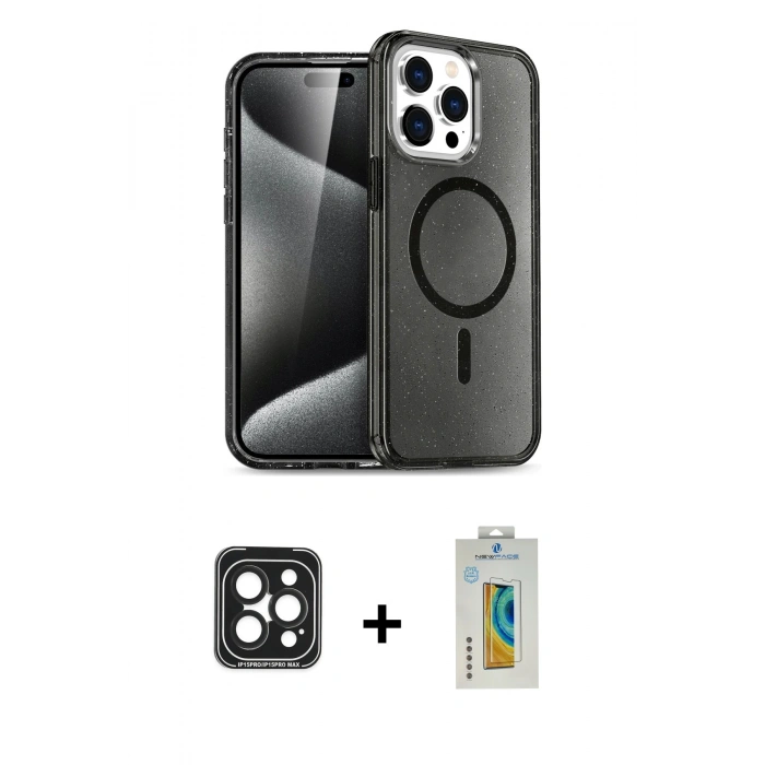 MARSİLYAN™- iPhone 15 Pro Max Kılıf Nova Asil Prime - Siyah Polymer Nano Ekran Koruyucu + PVD Metal Kamera Lens - SH
