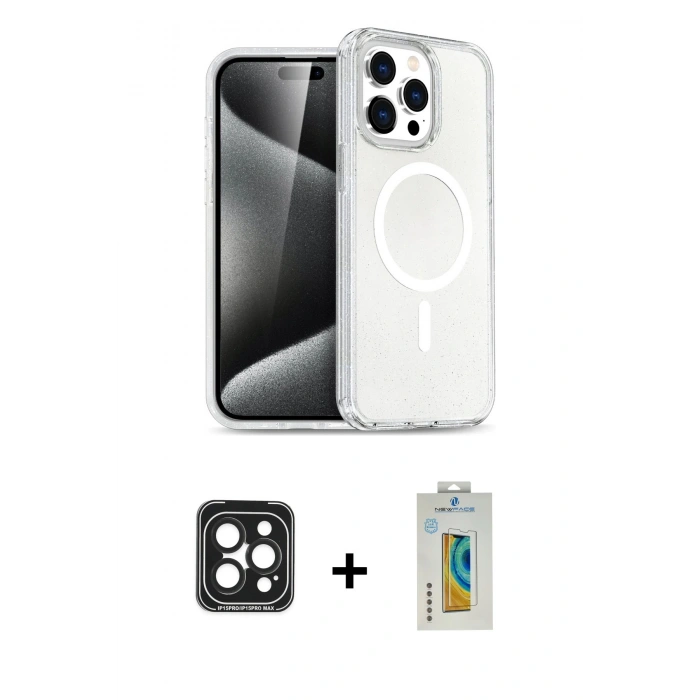 MARSİLYAN™- iPhone 15 Pro Max Kılıf Nova Asil Prime - Siyah Polymer Nano Ekran Koruyucu + PVD Metal Kamera Lens - SH
