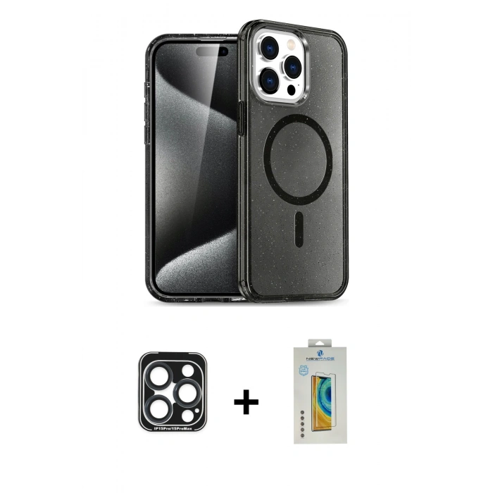 MARSİLYAN™- iPhone 15 Pro Max Kılıf Nova Asil Prime - Siyah Polymer Nano Ekran Koruyucu + PVD Metal Kamera Lens - LT