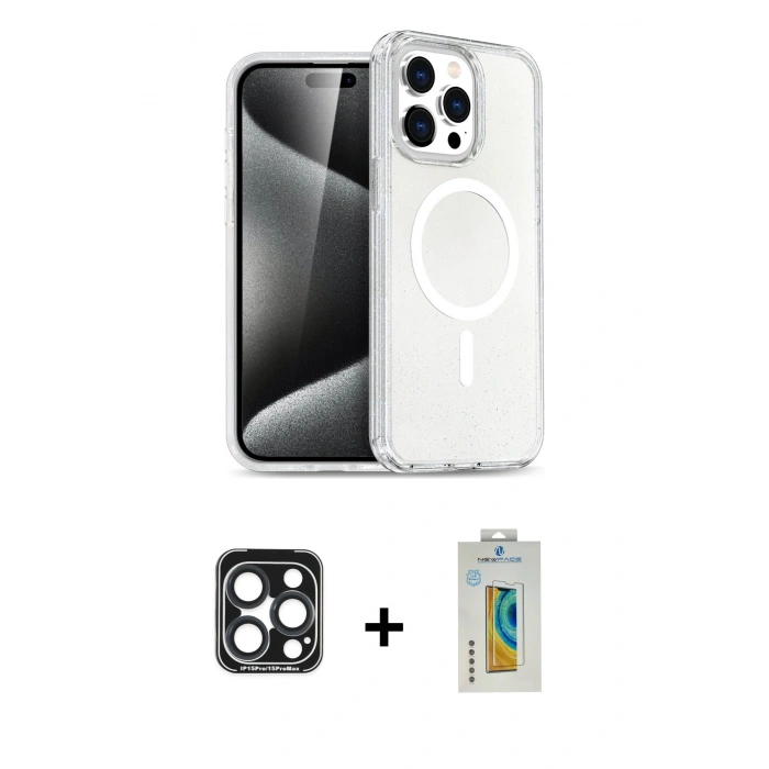 MARSİLYAN™- iPhone 15 Pro Max Kılıf Nova Asil Prime - Siyah Polymer Nano Ekran Koruyucu + PVD Metal Kamera Lens - LT