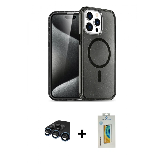 MARSİLYAN™- iPhone 15 Pro Max Kılıf Nova Asil Prime - Siyah Polymer Nano Ekran Koruyucu + Raze Metal Kamera Lens - LT