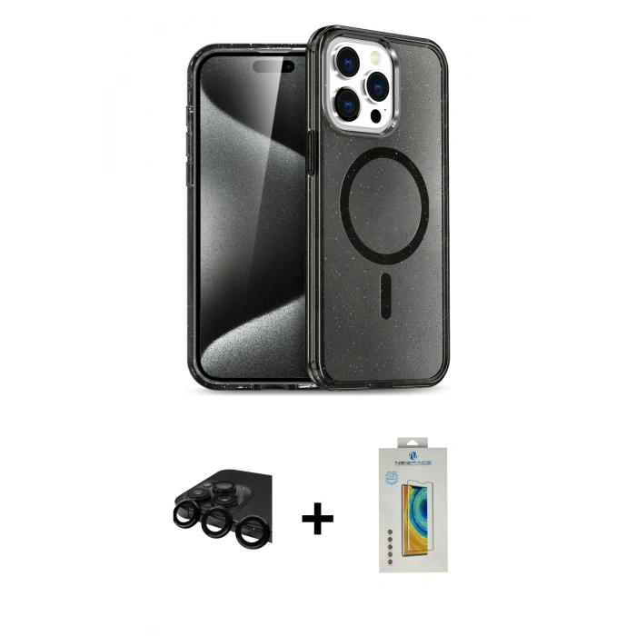 MARSİLYAN™- iPhone 15 Pro Max Kılıf Nova Asil Prime - Siyah Polymer Nano Ekran Koruyucu + Raze Metal Kamera Lens - SH
