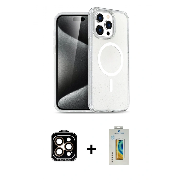 MARSİLYAN™- iPhone 15 Pro Max Kılıf Nova Asil Prime - Siyah Polymer Nano Ekran Koruyucu + Turuncu PVD Metal Kamera Lens