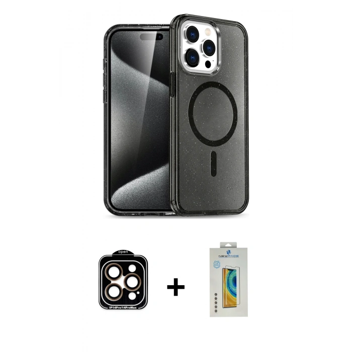 MARSİLYAN™- iPhone 15 Pro Max Kılıf Nova Asil Prime - Siyah Polymer Nano Ekran Koruyucu + Turuncu PVD Metal Kamera Lens