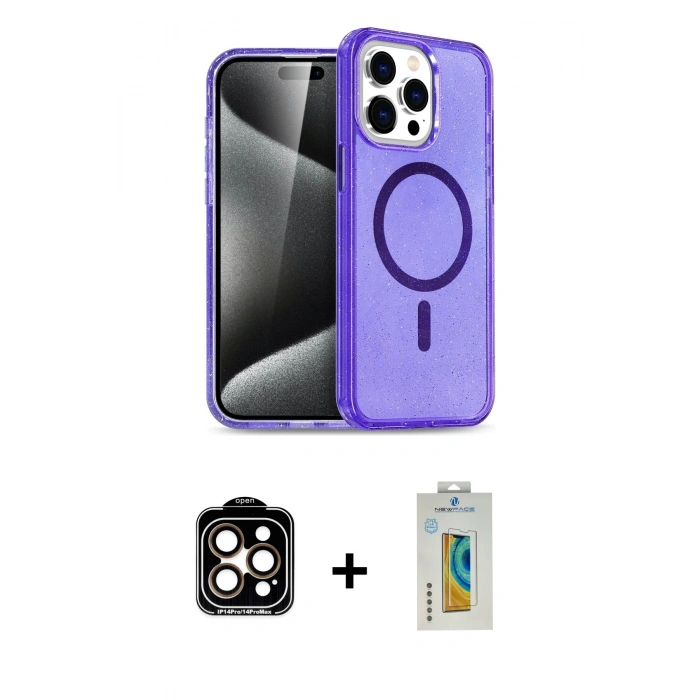 MARSİLYAN™- iPhone 15 Pro Max Kılıf Nova Asil Prime - Siyah Polymer Nano Ekran Koruyucu + Turuncu PVD Metal Kamera Lens