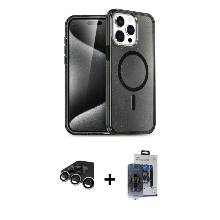 MARSİLYAN™- iPhone 15 Pro Max Kılıf Nova Asil Prime - Siyah Vanessa Magic Cam + Raze Metal Kamera Lens - GS