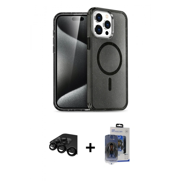 MARSİLYAN™- iPhone 15 Pro Max Kılıf Nova Asil Prime - Siyah Vanessa Magic Cam + Raze Metal Kamera Lens - SH